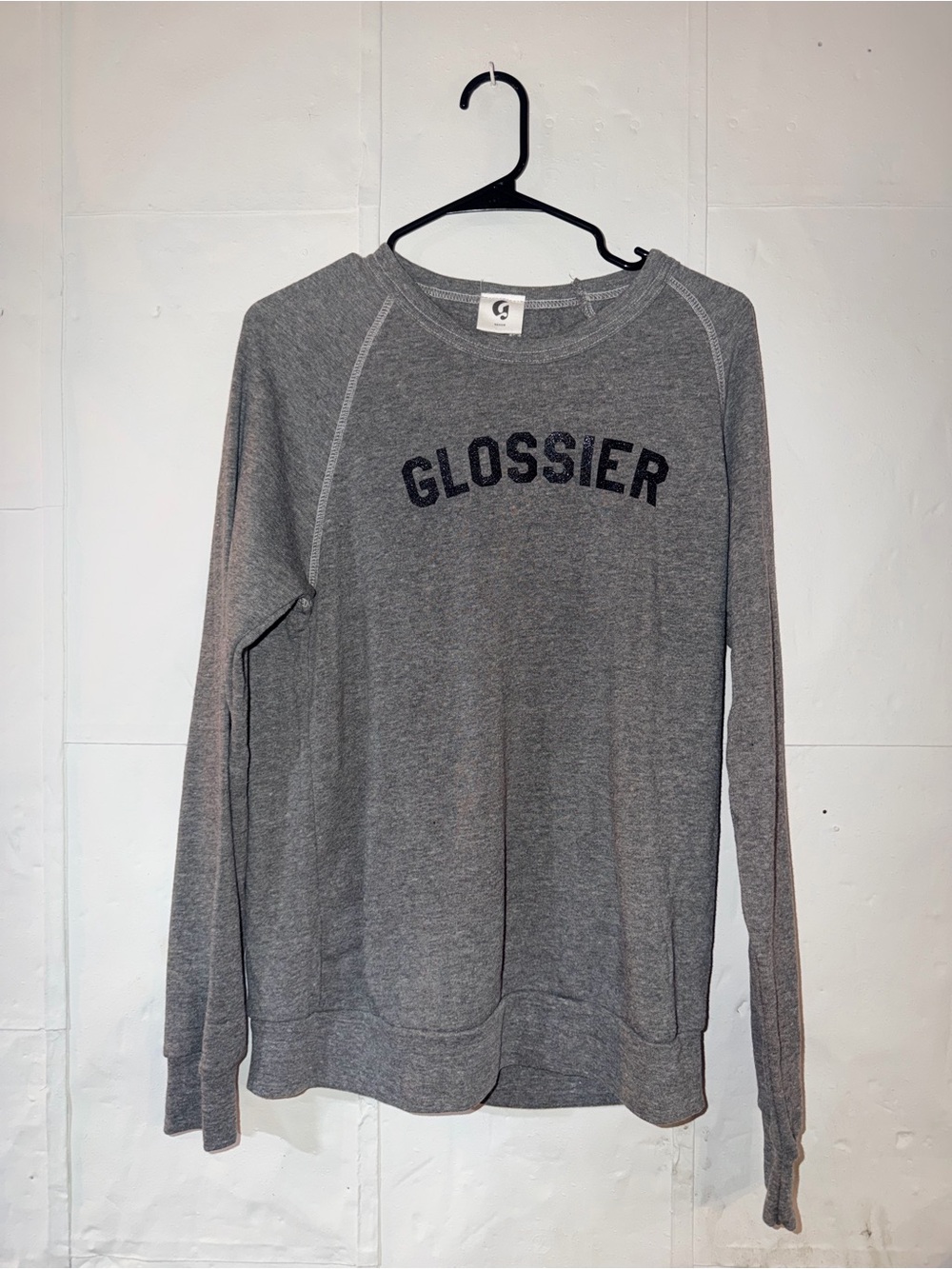 Glossier Gray Crewneck Sweatshirt with Navy Logo